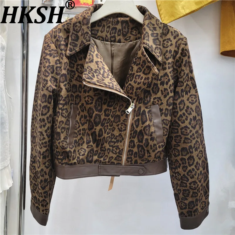 

HKSH Autumn New Women French Vintage Jacket Leopard Printed Turn-down Collar Asymmetric Zipper Short Coats Stylish Casual HK8284