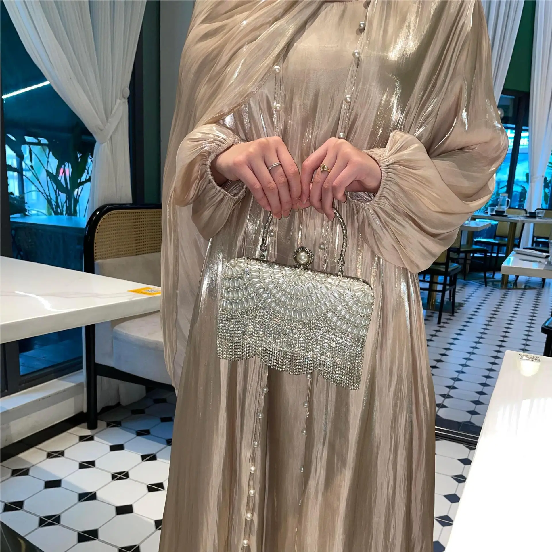 Nouveauté 2025 élégant musulman Abaya ensemble avec perle longue robe 3 pièces caftan islamique pour les femmes soirée