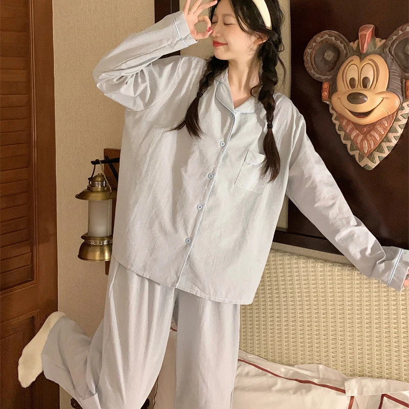 Simple Solid Fog Blue Comfortable Stripe Lapel Homewear 2024 Autumn clothes Can Be Worn outside Pajamas Set