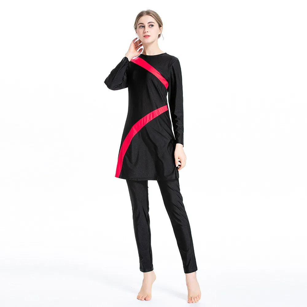 Tunic Top Swimwear Two Piece Full Length Pants Swimsuit Diagonal Stripe Contrast Trim Swimming Suit Black Base Red Accent