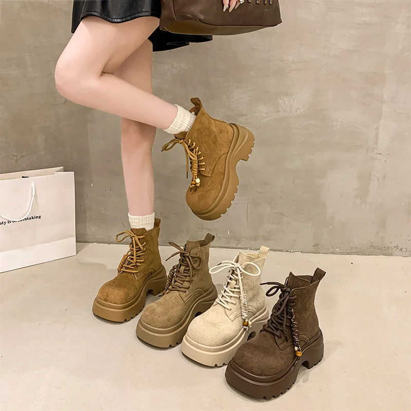 

Women's Thick-Soled Boots New European Style Autumn Winter Soft Leather Chunky Heel Height Increasing Boots for Petite Women