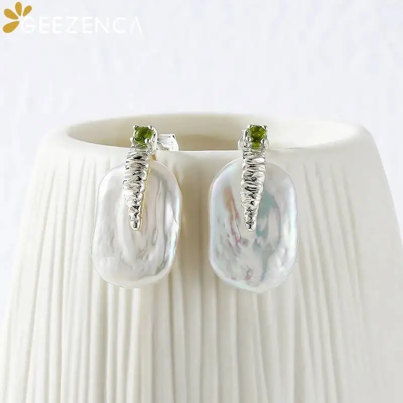GEEZENCA Natural Baroque Pearl Tourmaline 925 Sterling  Silver Earrings For Women French Chic Luxury Small Earring 2023 New Gift