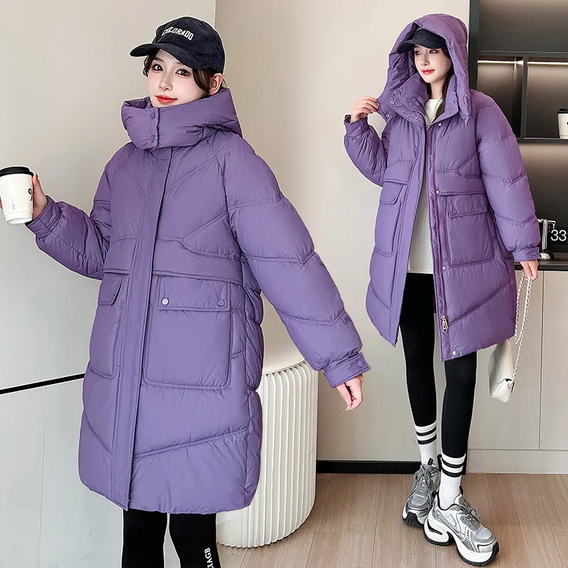 Mid Lenth Parkas Coats Women Hooded Overcoats Solid Zipper Long Sleeves Thick Straight Fit Casual Office Lady Autumn Winter 2025