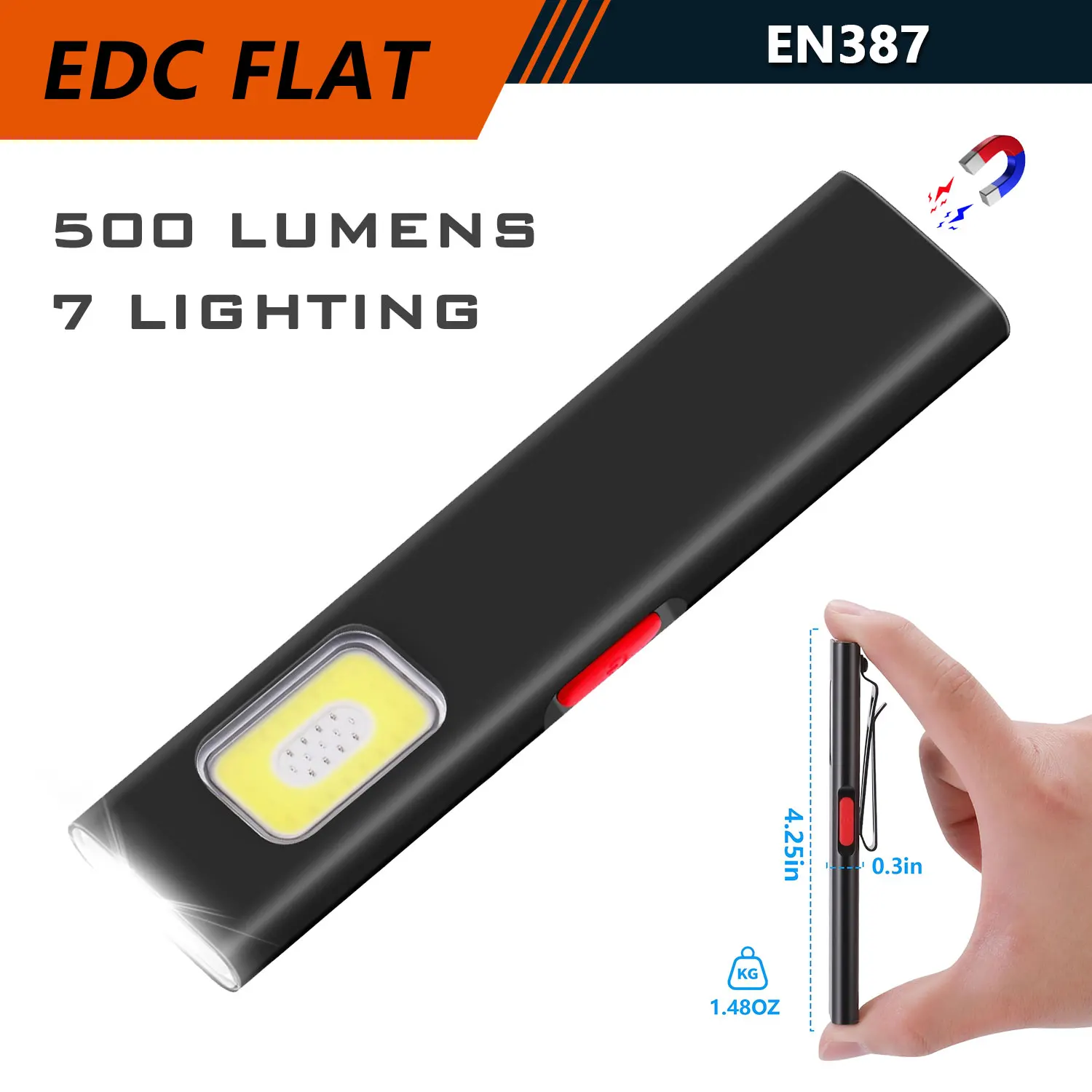 

500LM Miniature Aluminum Alloy Work Light with Magnet 450mAh, Dual Light（White/Red Blue Alert）,USB-C , Clip, IPX2 for Outdoor