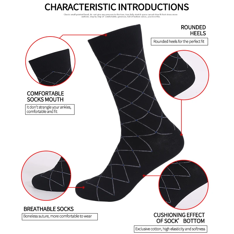 5 Pairs New Style Breathable Soft Black White Business Men Combed Cotton Dress Socks Stripe Grid Men Socks Large Size EU41-48