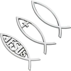 3PCS Sliver Jesus Fish Decal Sticker 5.5x1.8in Plastic Christian Fish Sticker 3 Style Christian Cross Fish Emblem