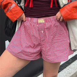 Pantalones cortos de pijama Y2k para mujer, ropa de dormir a cuadros con botones, Estilo Vintage Harajuku, Bóxer a cuadros, para salir