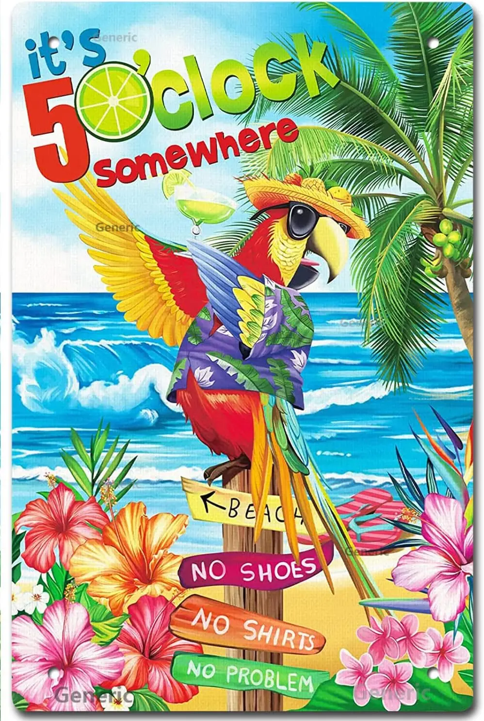 Y1,Summer Parrot Beach It;s 5 O;clock Somewhere Trees Pool Bars  in Tin Sign Home Decor Art Metal Signs Wall