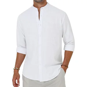Camisas masculinas de linho, manga comprida, com botão para baixo, gola Henley, camisas de praia, férias havaianas, tops casuais 10 principais vendas camisa henley manga longa - №9