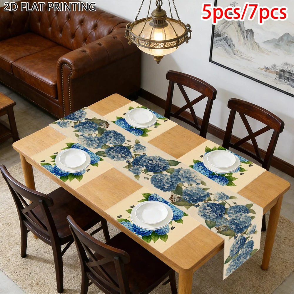 1pc Floral Theme Hydrangea Butterfly Table Runner and Placemat for Home Party Dining Table Decor