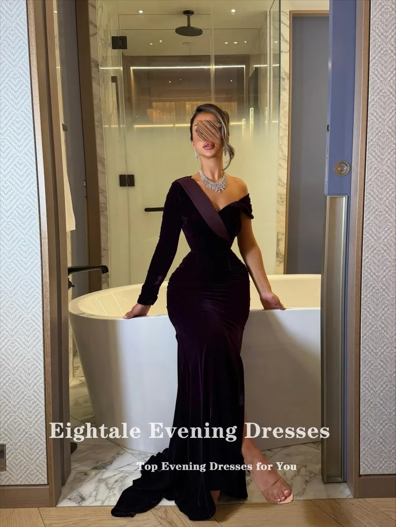 فستان سهرة أرجواني مخملي من Eightale لحفلات الزفاف مخصص بأكمام طويلة فساتين حفلات عربية رداء السهرة