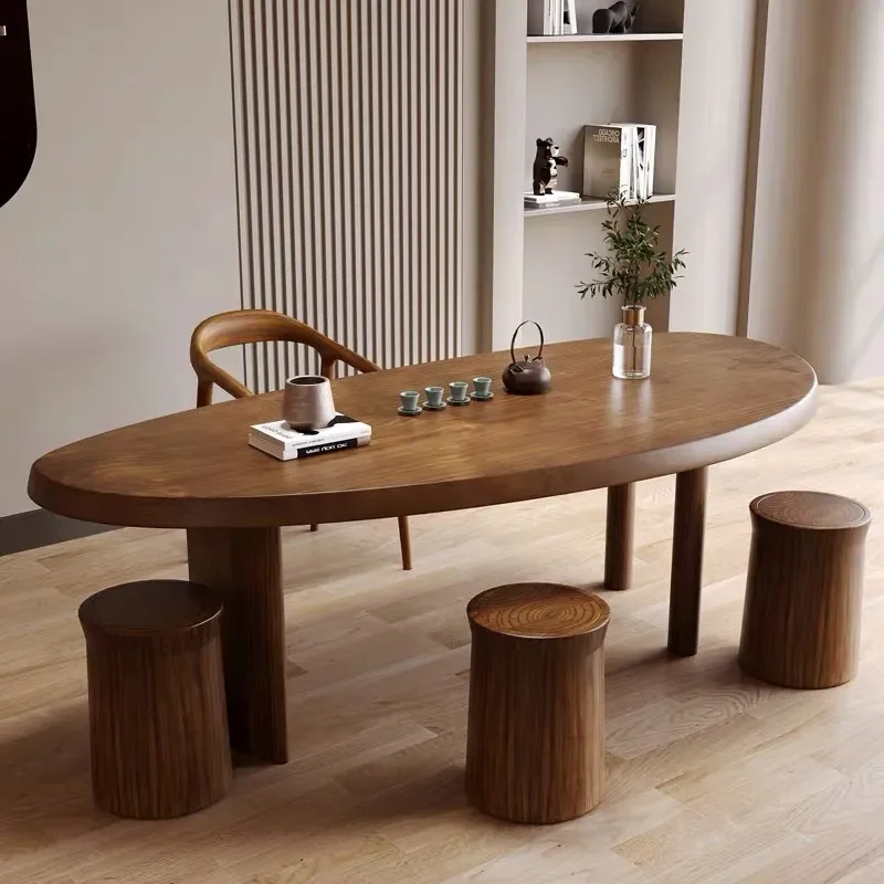 for New Chinese Retro Creative Office Tea Table Solid Wood Running Tea Table Combination Household Oval Solid Wood Tea Table