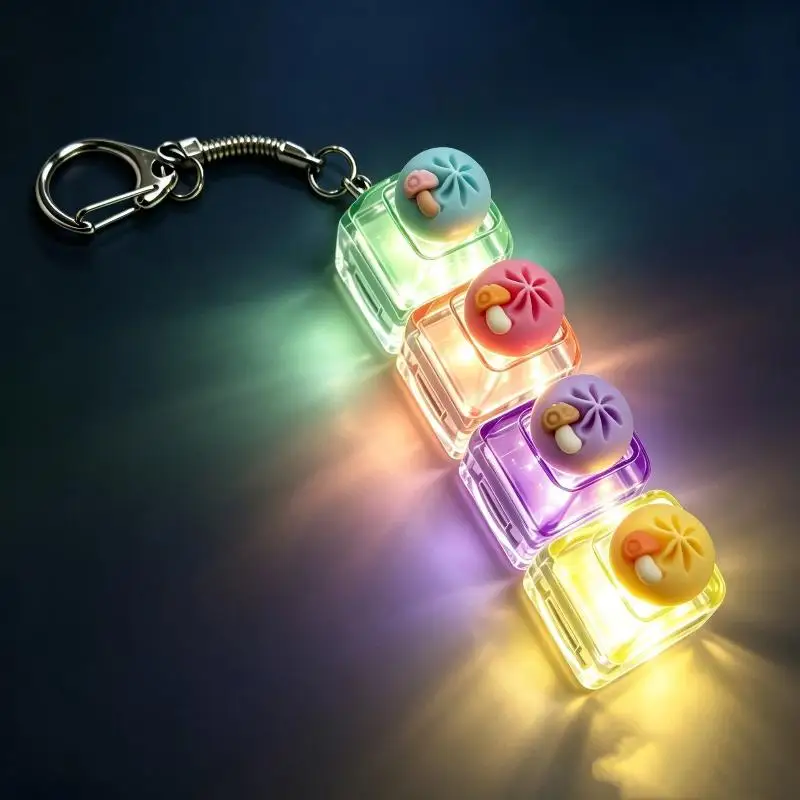 4Keys Steamed Bun LED Light Mechanical Keyboard Keychain Fidget Toy Finger Button Anti Stress Keycap for Office Home Decor Gift