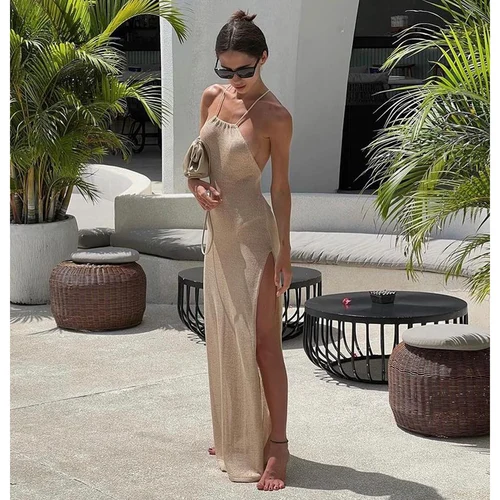 Imagen 2 del producto Para Praia-vestido playero de punto, Sexy, transparente, con abertura, ceñido al cuerpo, para verano, Bikinis, elegante vestido de playa con cuello Halter
