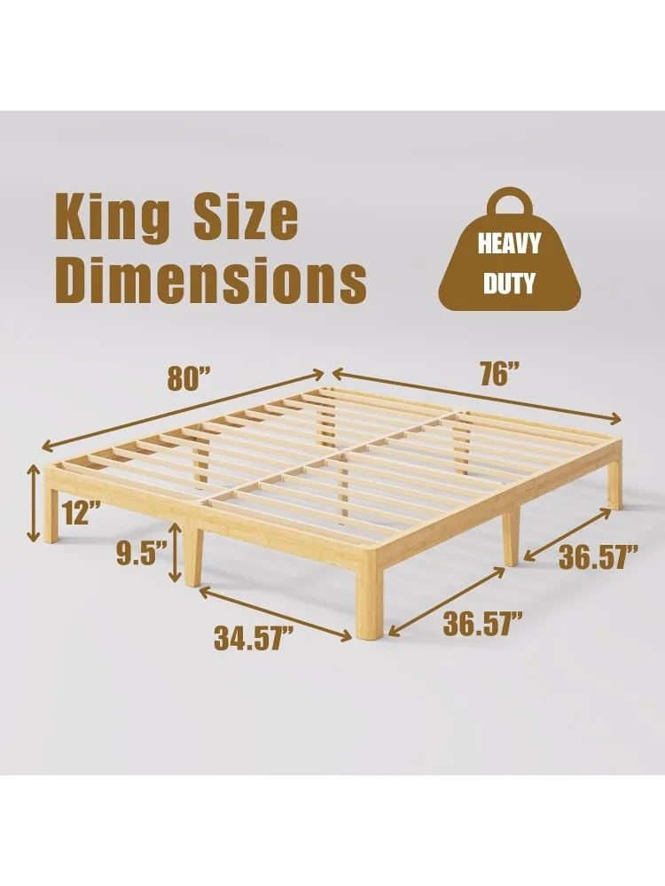 12 Inch High Bamboo Wood King Size Bed Frame Platform, Steel Slat Support King Bed Frame, No Box Spring Needed