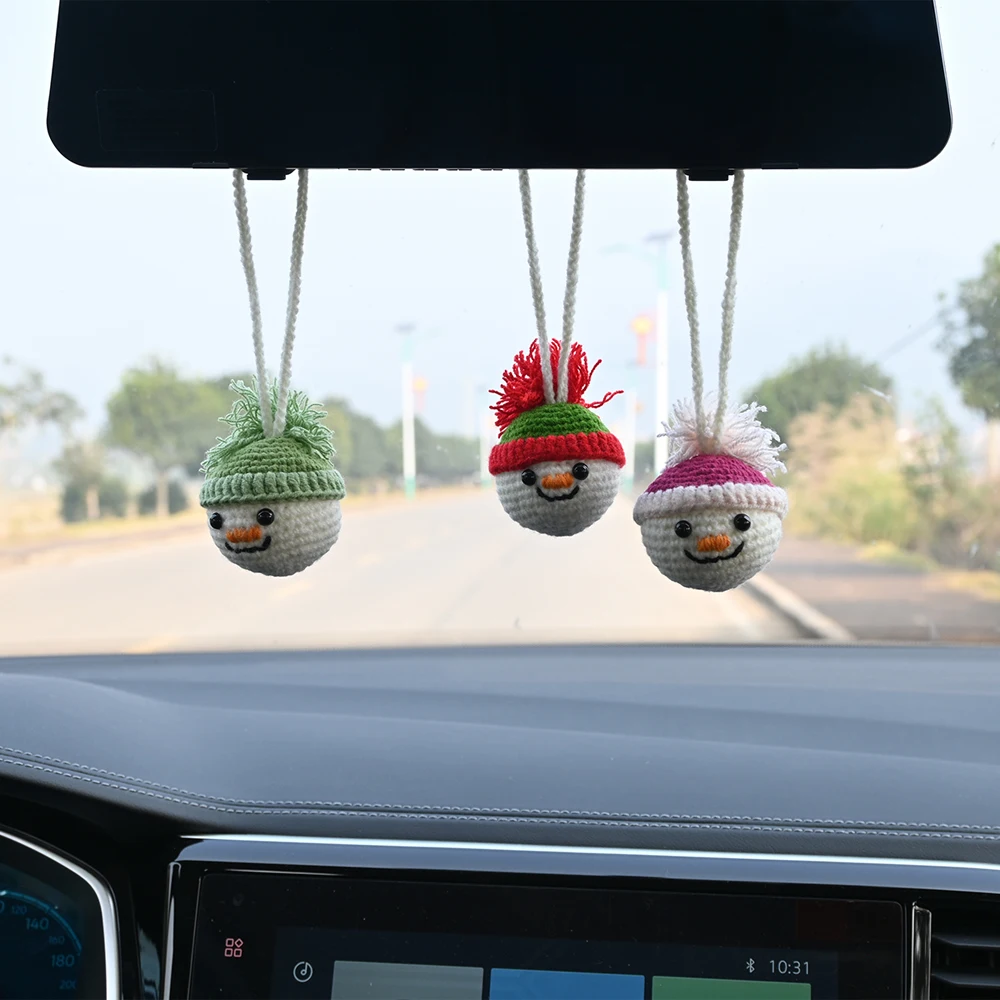 1pcs Fabric Hand-Knitted Snowball Smiling Face Pendant,Car Interior Rearview Mirror Accessory,Cute Gift Idea,Home Hanging Decor.