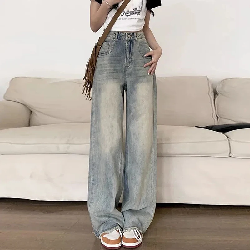 

Retro Do Old Washed Loose Leg Jeans Women Spring Summer 2024 New High Waiste Pleated Design Fashion Straight Leg Floor Mop Pants