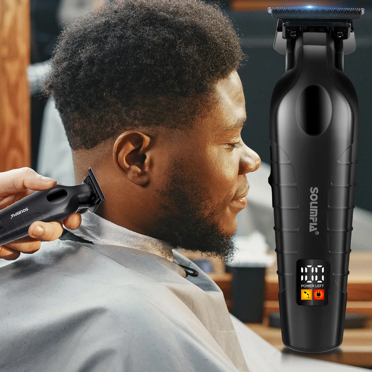 Solimpia Professional Hair Clipper Ceramic Blade Male Hair Trimmer LED Display Haircut Machine USB Charging