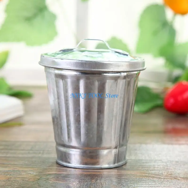 L8RC Distinctive Iron Small Trash Can With Lid For Bathroom Bedroom Rubbish Bin