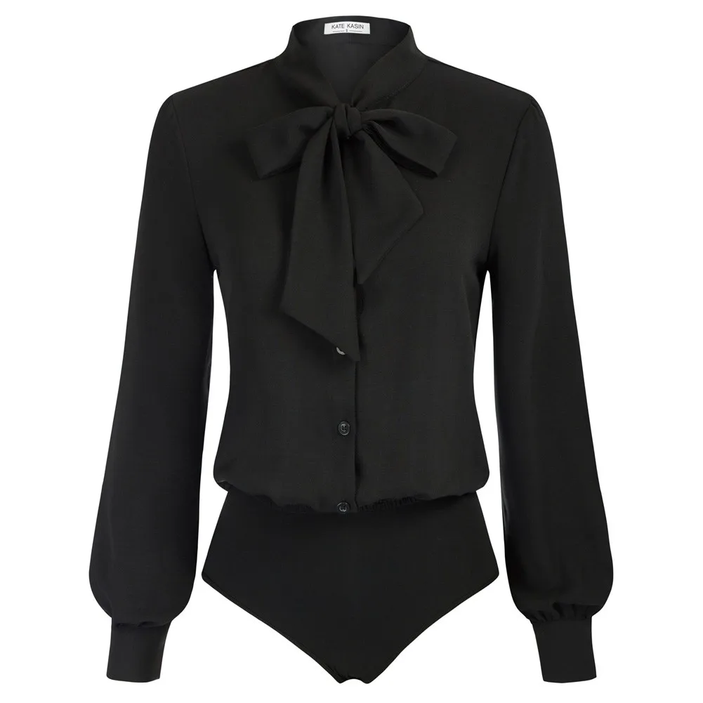 

KK Beautiful Women Bow-Knot Decorated Bodysuit Long Sleeve Body-S With Snap Crotch And Stand Collar Elastic Waist Shirt Classic