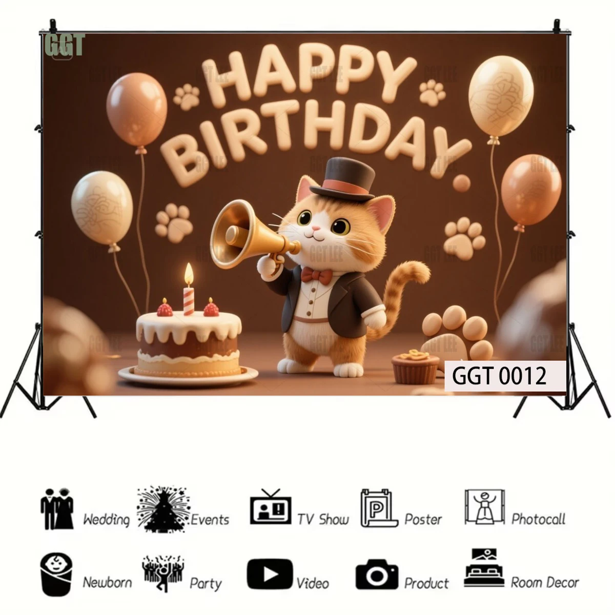 かわいい猫ハッピーバースデーパーティー背景ホワイトベース 3d カラフルなアートフォント帽子猫風船背景写真バナー装飾