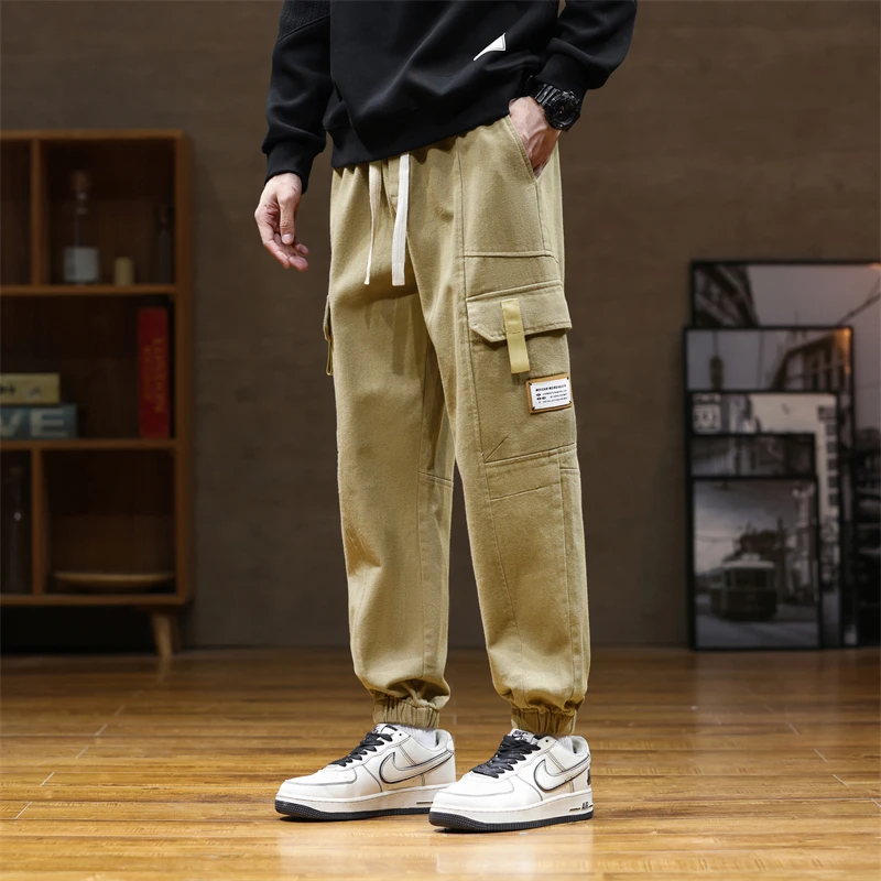 

Spring Autumn Men's Clothing Elastic High Waisted Solid Color Pockets Casual Trousers Bloomers Harem Preppy Style Sweatpants