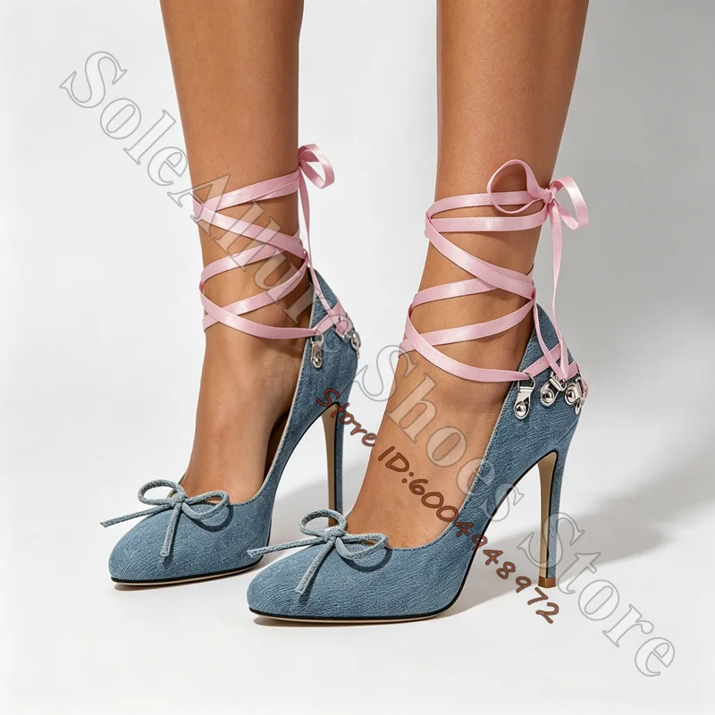 Light Denim Round Toe Stiletto Pumps Toe Bow Pink Satin Wrap Ankle Ribbon Heels Soft Coquette Denim Dating Women Elegant Sandals