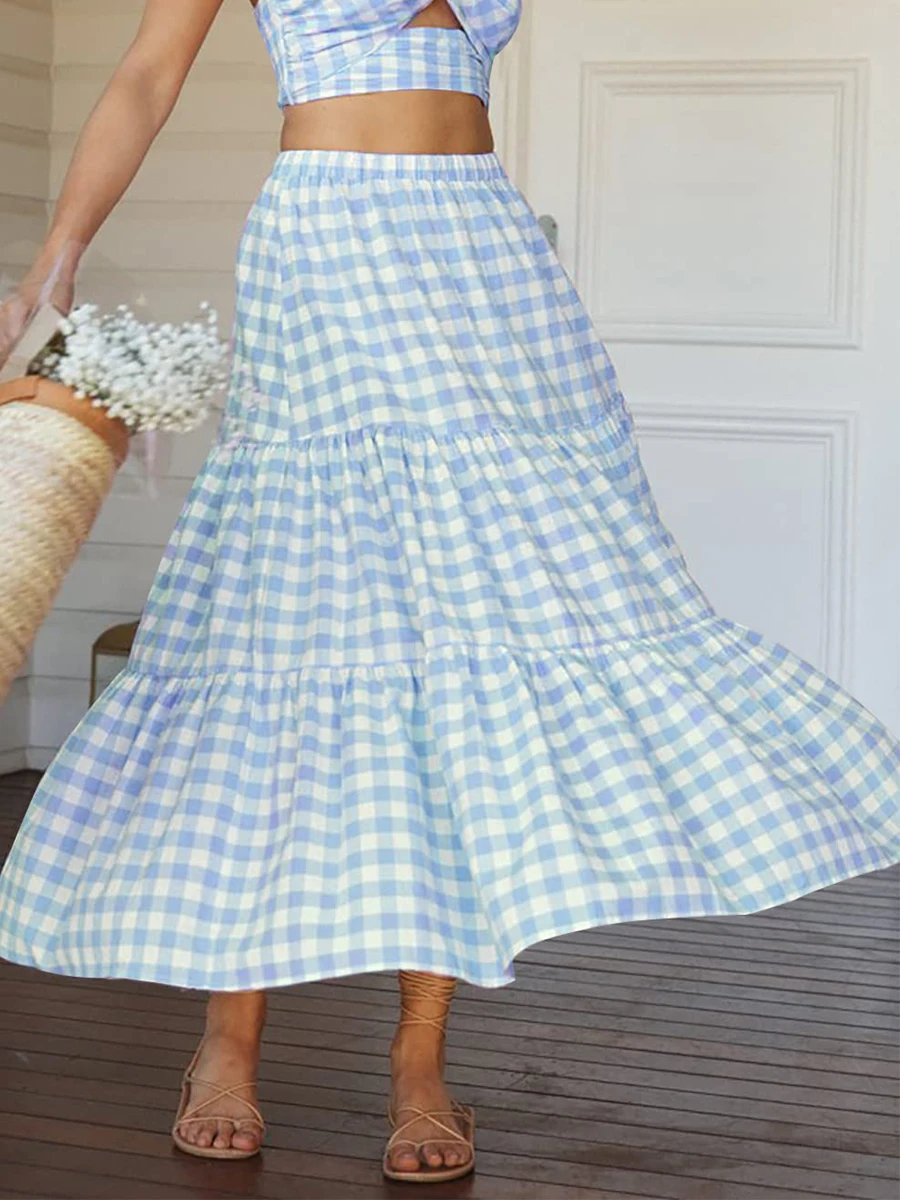New Fashion Womens Summer High Waist Skirt Solid Color/Plaid Long Skirt For Travel Beach Shopping Hot Sale S M L