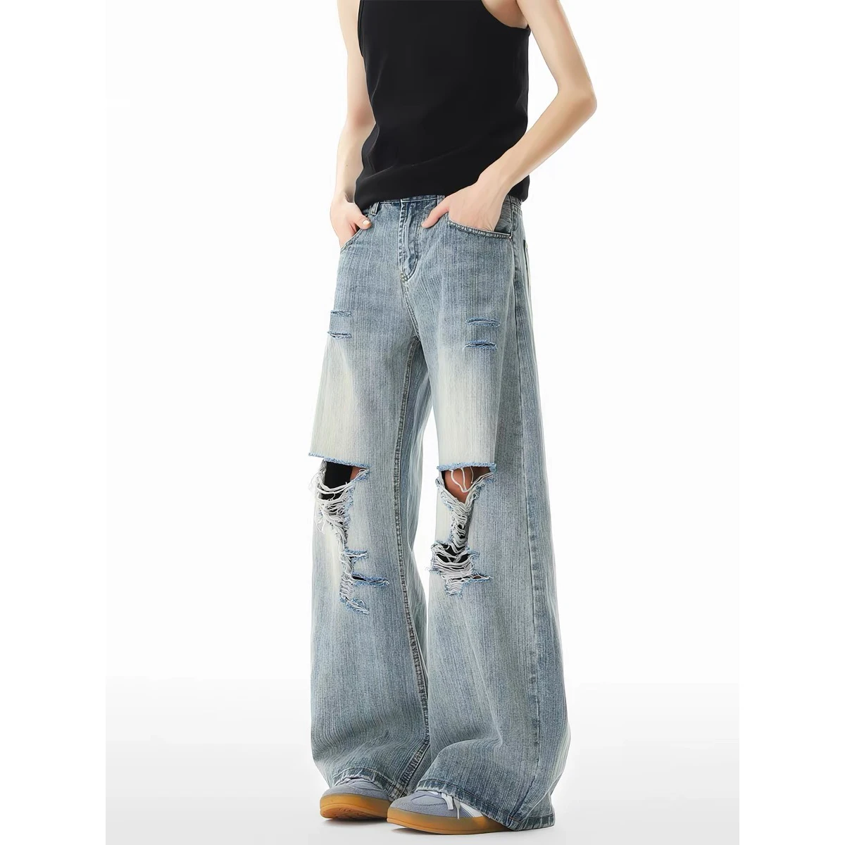 Calças Jeans Retrô Americanas Lavadas para Homens e Mulheres, Corte Solto, Perna Larga, Resistentes a Rasgos, em Mistura de A...