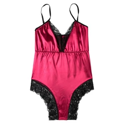Women's Sleepwear Jumpsuit Sexy Lace with Satin Stitching Backless Suspender Seamless Summer Women's One Piece Pajamas