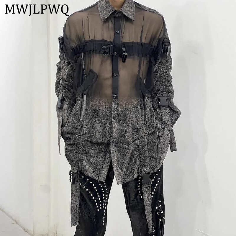 

MWJLPWQ Gradual Lapel Design Male Shirt Single Breasted 2025 New Autumn Lace Up Long Sleeve Unisex Loose Casual Tops Tide 11274