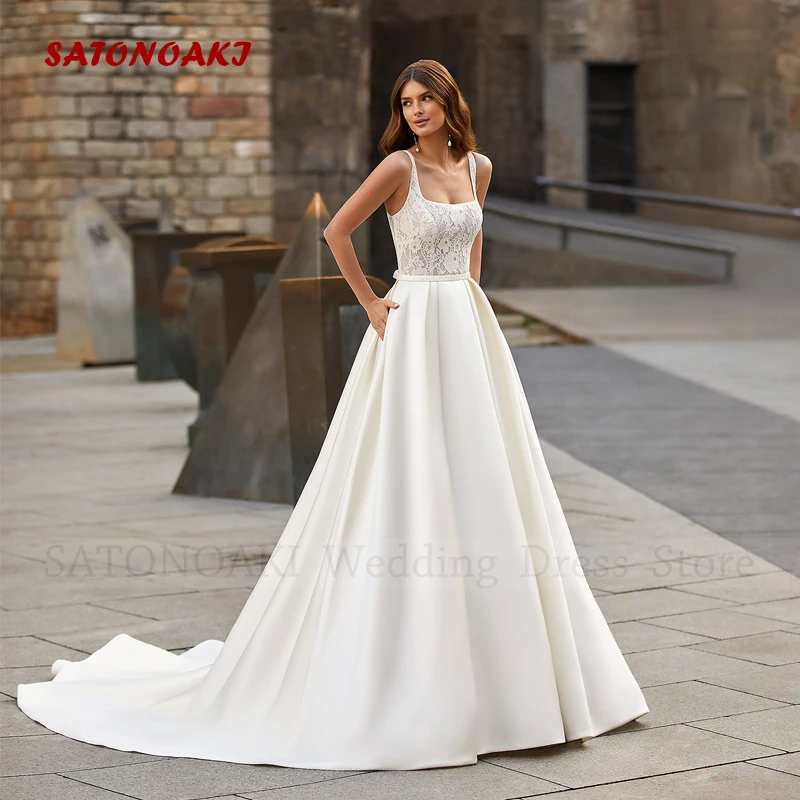 

Elegant Boho Lace Square Collar Satin Wedding Dress for Women A-Line Backless Bride Gown with Pocket Bow Vestidos De Novia Robe
