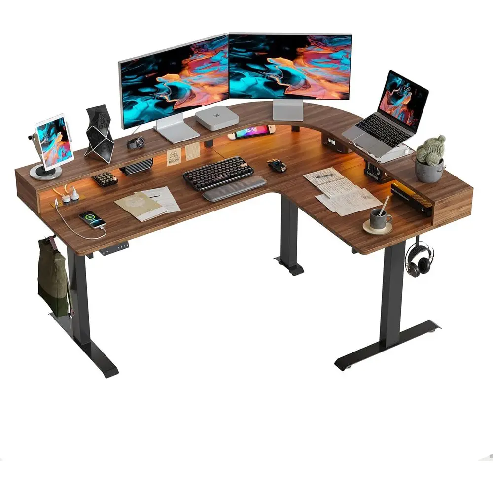 

63x49 Inch Electric Adjustable L-Shaped Desk with Arc LED Light and Power Outlet, Black Walnut Finish (2-Pack)