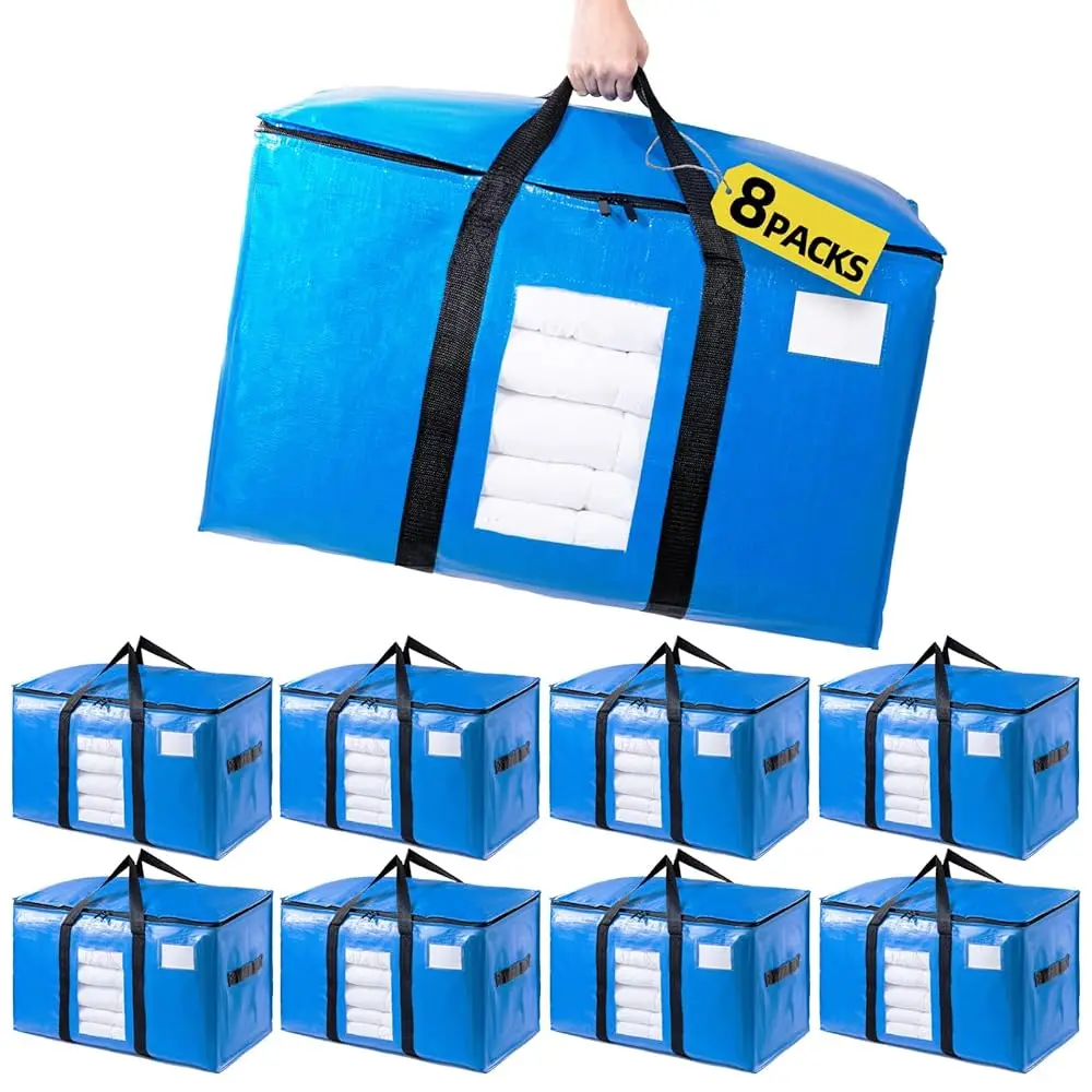 

Blue Extra Large Moving Bags 8 Packs, Heavy Duty Storage Bags With Zipper & Wrap Handles, Collapsible Storage Totes With Tag