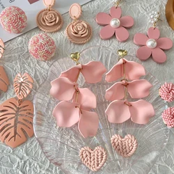 Lifefontier Sweet Pink Flower Acrylic Polymer Clay Earrings For Women Korean Braid Floral Petal Wedding Drop Earring Jewelry