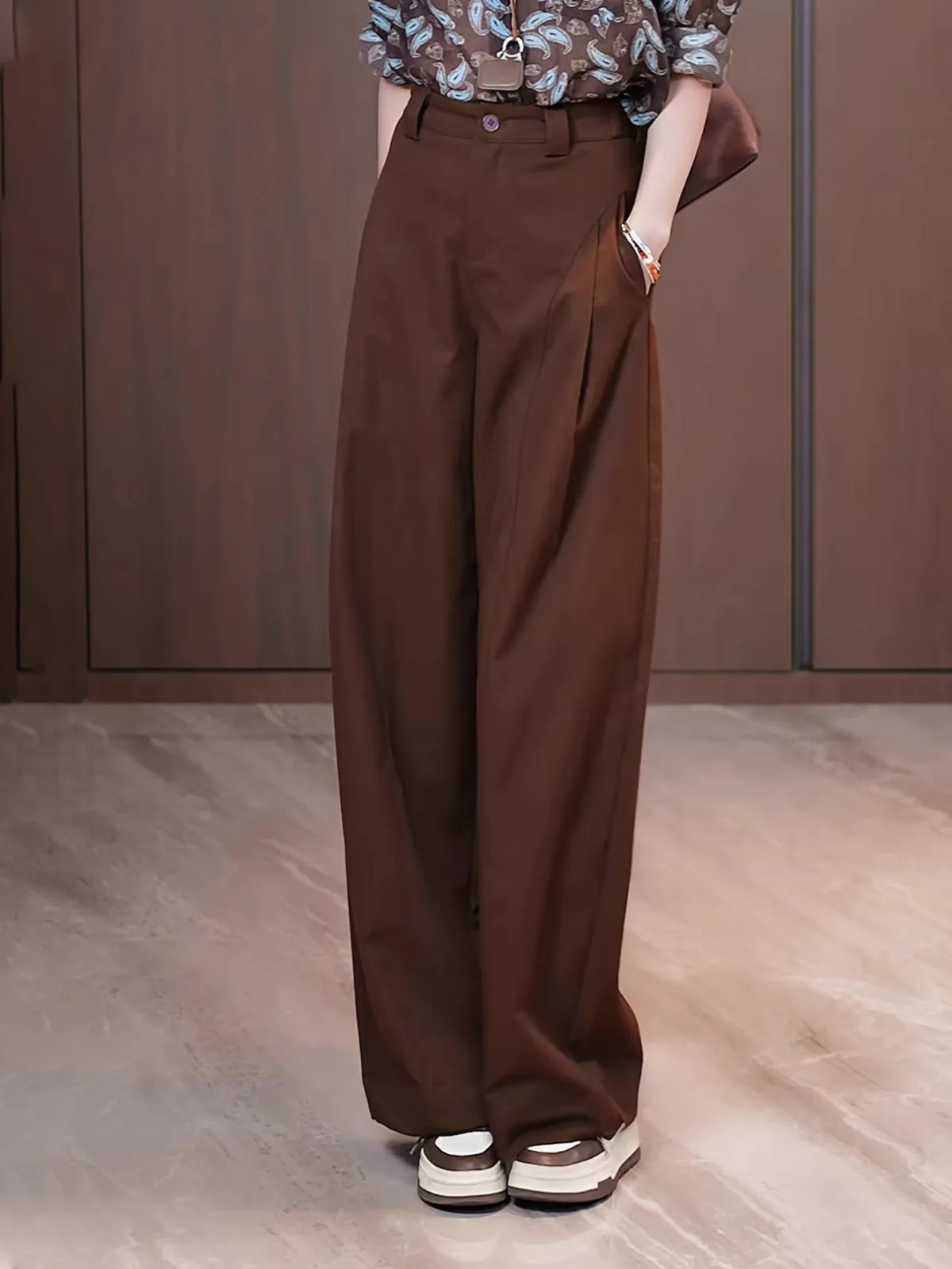 ブラウンワイドレッグスーツパンツハイウエストレディースファッショナブルスリムカジュアルストレートレッグパンツ2025年秋新作