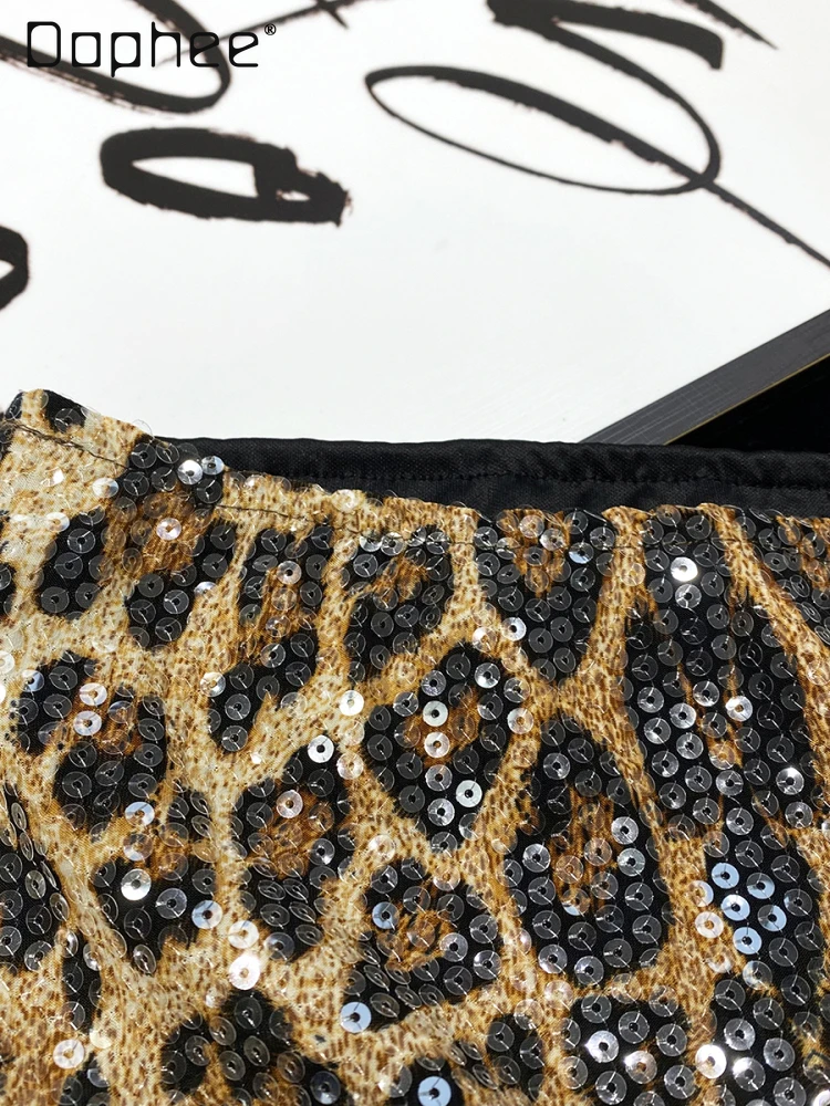 High street personalidade quente menina leopardo impressão lantejoulas saia brilhante moda sexy cintura alta magro mini saia feminina a linha saias