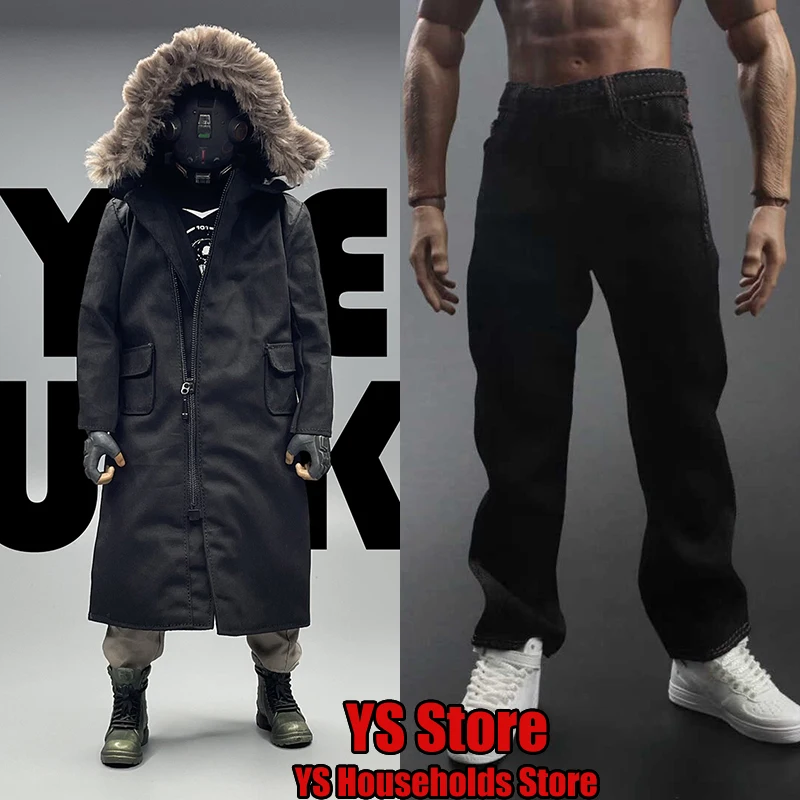 CROW DH TOYS 1/6 Man Soldier Big Fur Collar Winter Windbreaker Coat Black Casual Long Denim Pants Accessory For 12