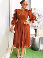 Vestido Midi plisado elegante Vintage para mujer, con mangas con volantes, cuello levantado, diamantes de imitación, elegantes trajes formales de fiesta de noche