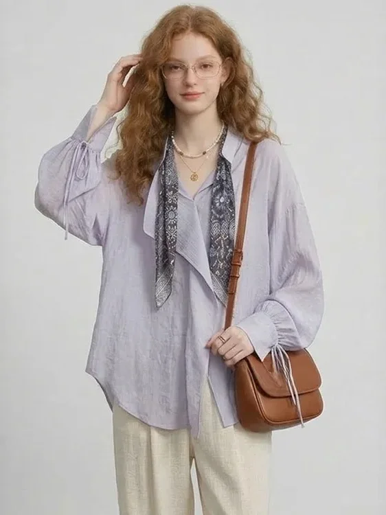 

Detachable Silk Scarf Casual Shirt Asymmetric French Style Spring New Arrival Women's Loose Fit Long Sleeve Collar Top