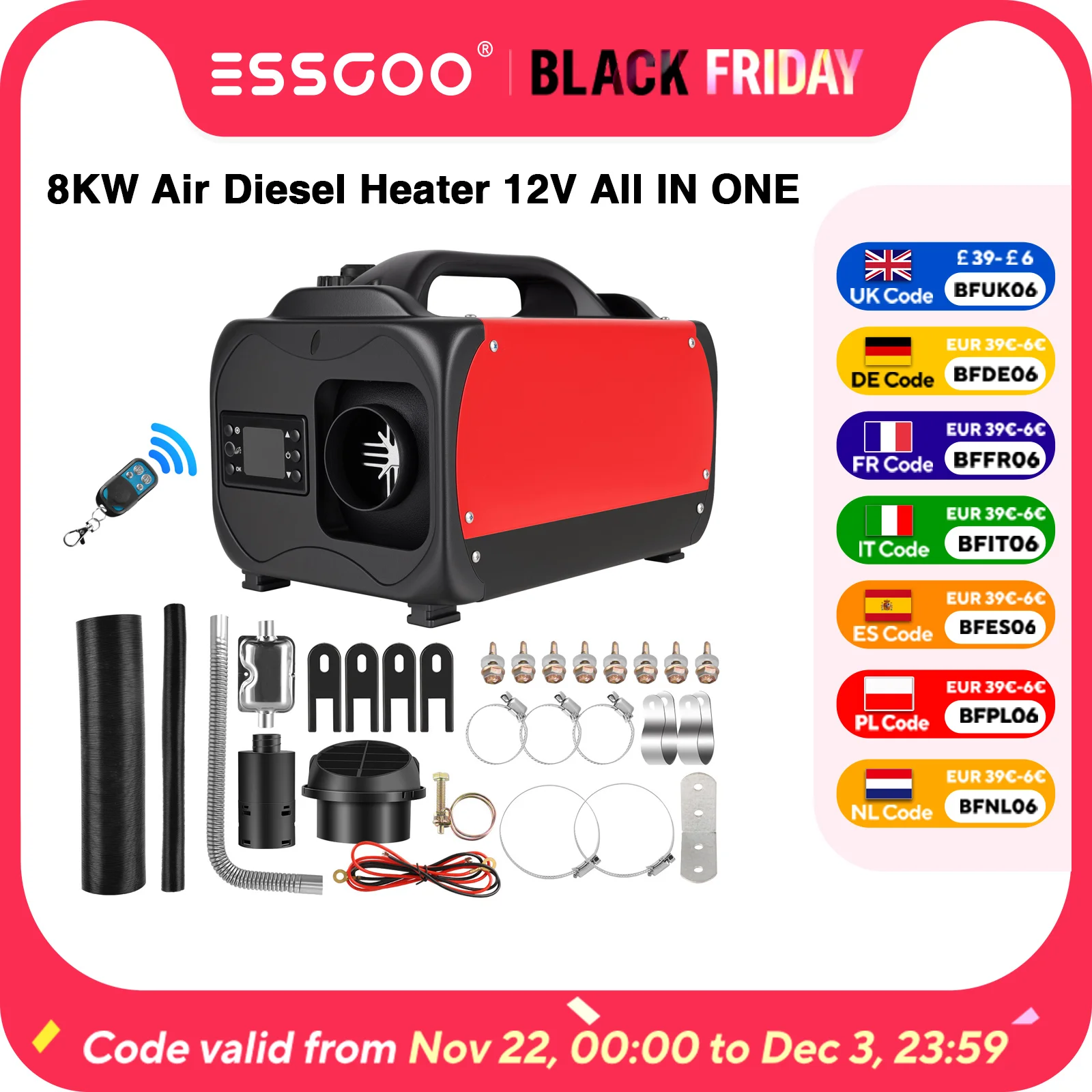 ESSGOO 8KW 12/24V ALL IN ONE Diesel Air Heater Parking Fuel Heater For Truck Boat Car Trailer Motorhomes Campervans Caravan