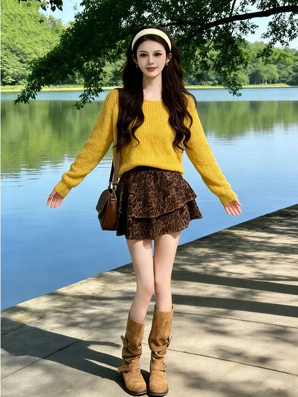 

Spring New Loose Slimming Leopard Print Cake ort Skirt Set Casual Sle High Waist Knitted Top ort Length Faion Ensemble