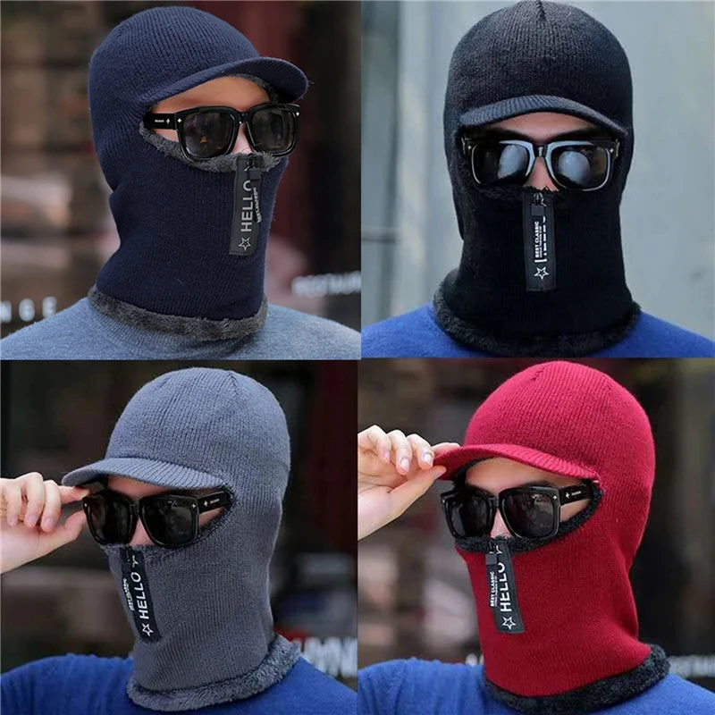 Gorros de lana de punto para hombre, gorro de felpa gruesa con cremallera, conjunto de cuello de una pieza, protección de cuello para ciclismo al aire libre, Invierno