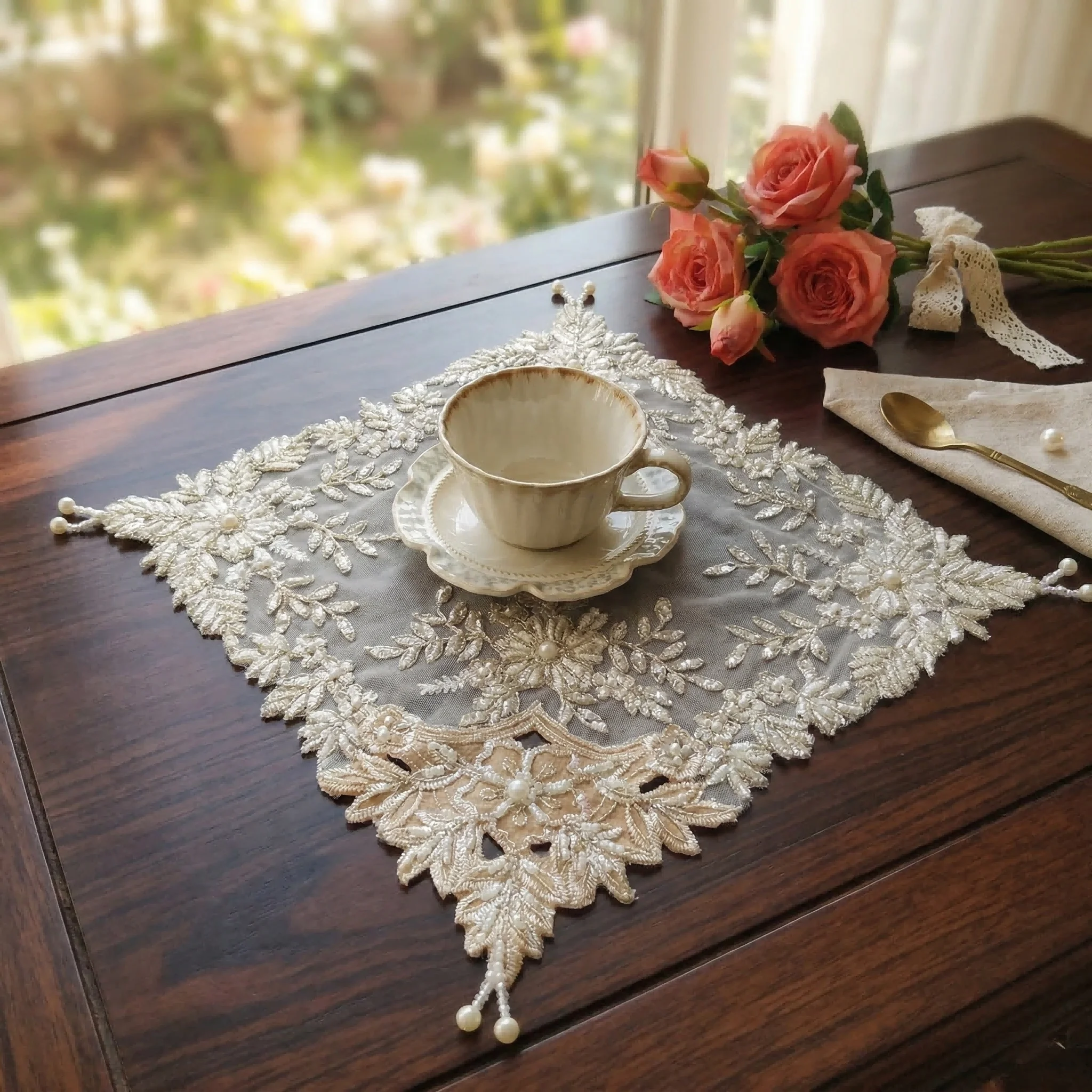 4pcs Placemat Set Luxury White Lace Embroidery Beaded Place Mat Coaster Fruit Plate Cloth Napkins Dessert Cover Boho Decor