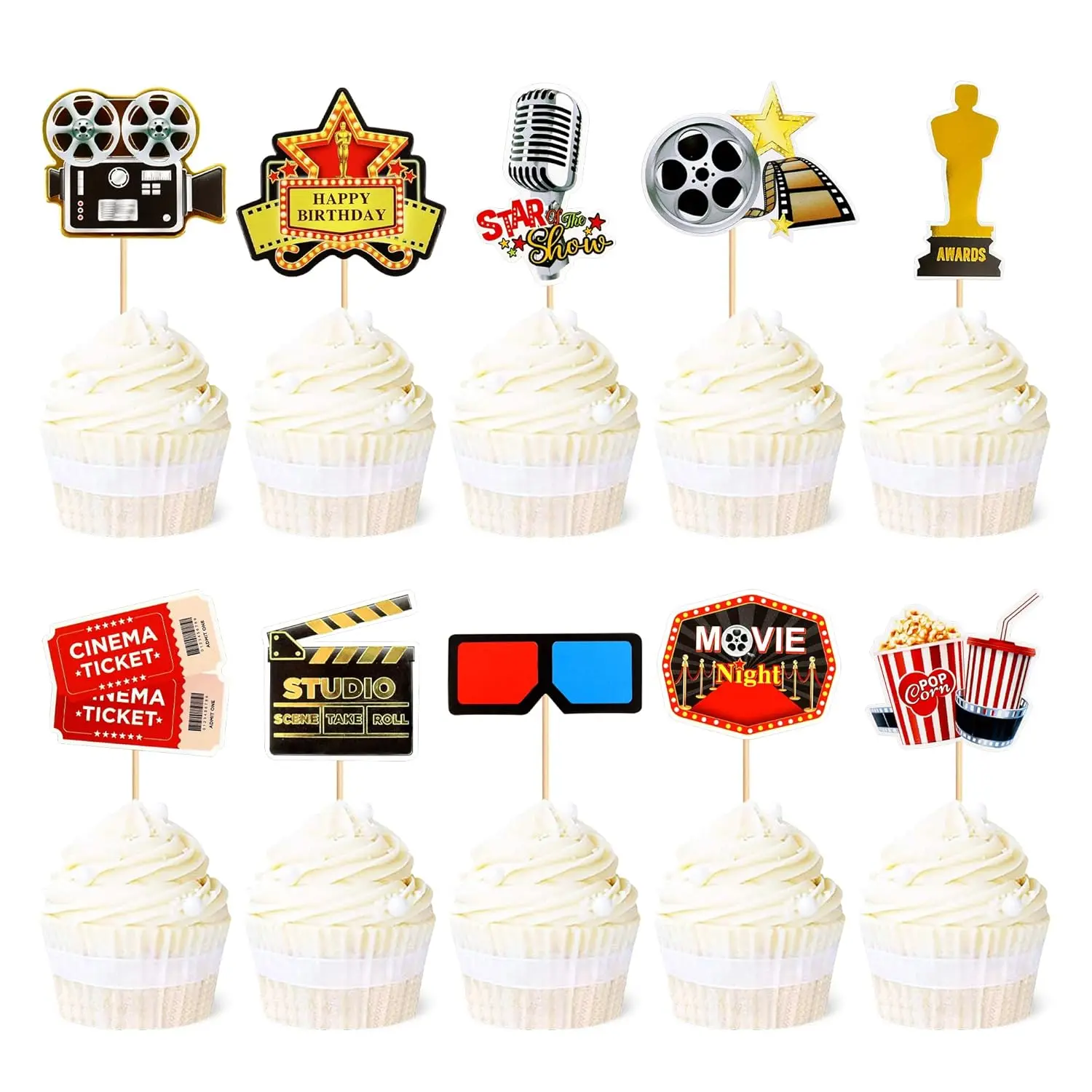 30 Pack Movie Cupcake Toppers Movie Night Cupcake Picks Roll Camera Popcorn Cupcake Toppers Theme Baby Shower Birthday Party