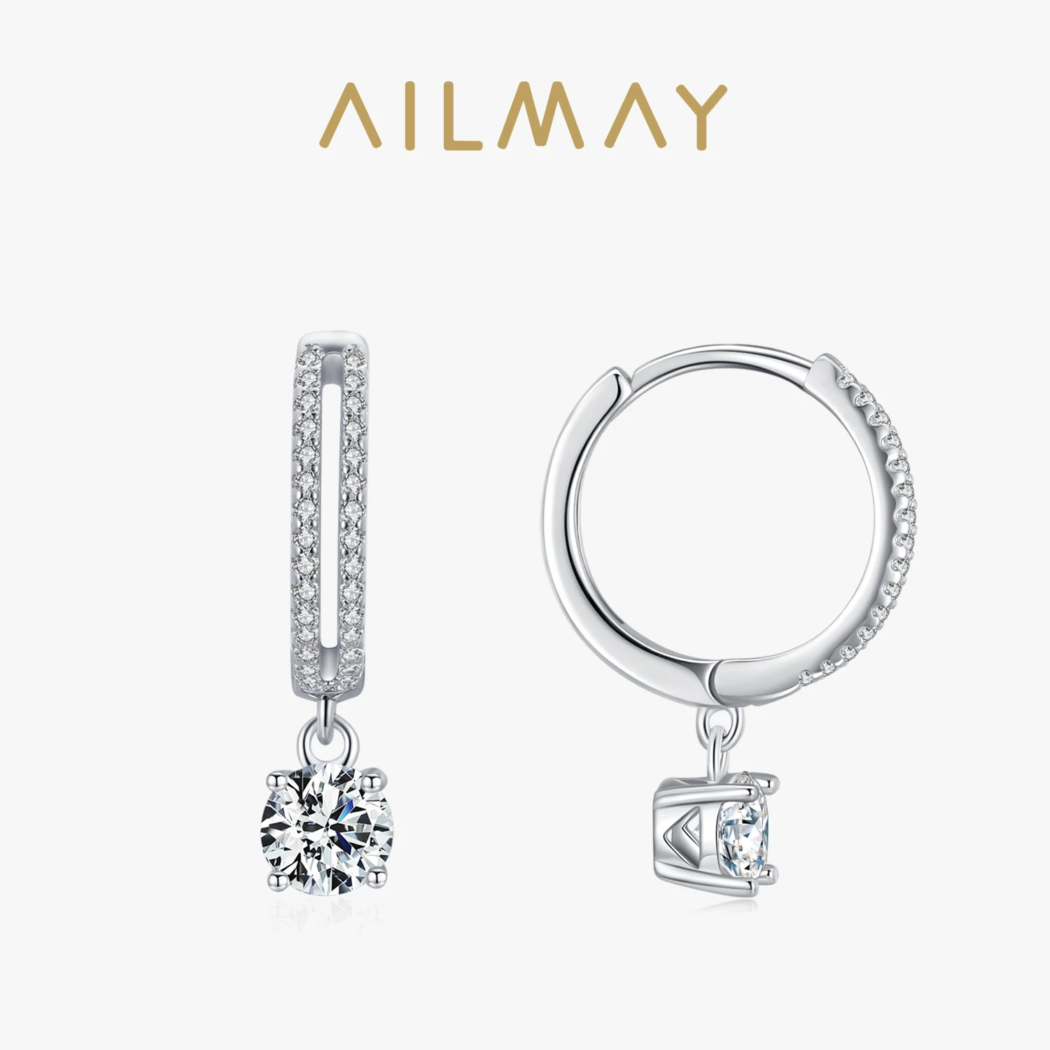 Ailmay New Arrival Fashion Real 925 Sterling Silver Luxury Round Zircon Drop Earring For Women Classic Wedding Statement Jewelry