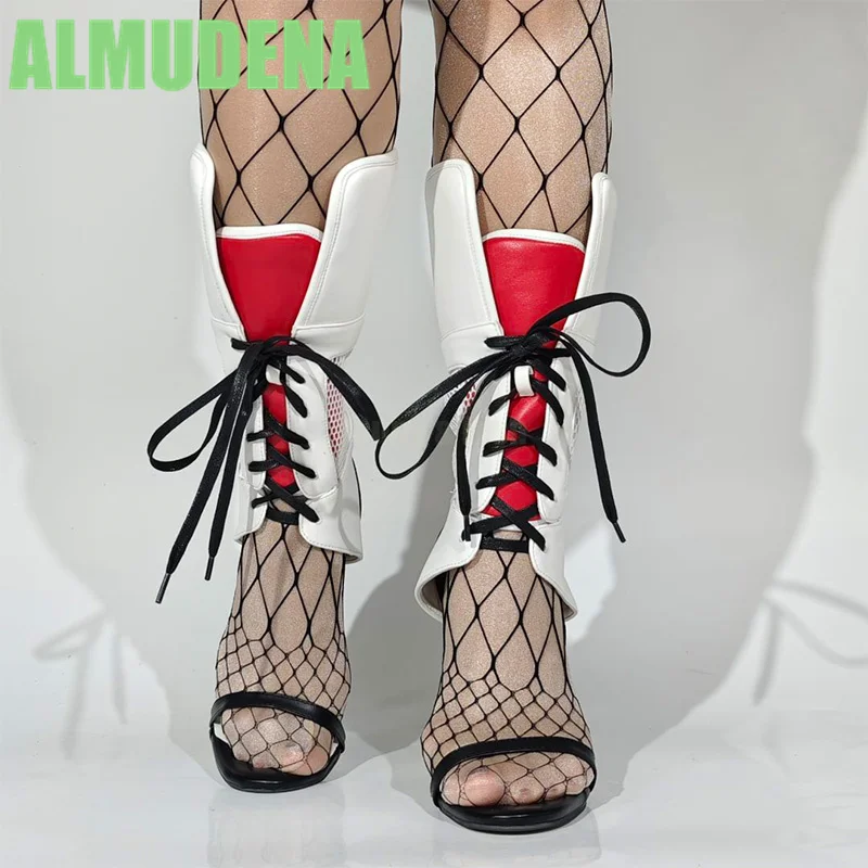 

Color Blocked Cool BootsFashionable Front Strap Design Red and White Color Blocked Pointed Toe Open Toe High-Heeled Sandals