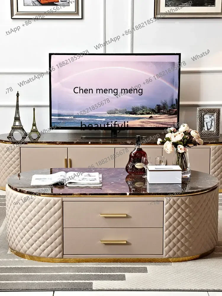 CC182R11 Mesa de centro moderna y ligera de lujo, mesa de té ovalada chapada en oro de acero inoxidable, pequeño apartamento, sala de estar italiana de mármol