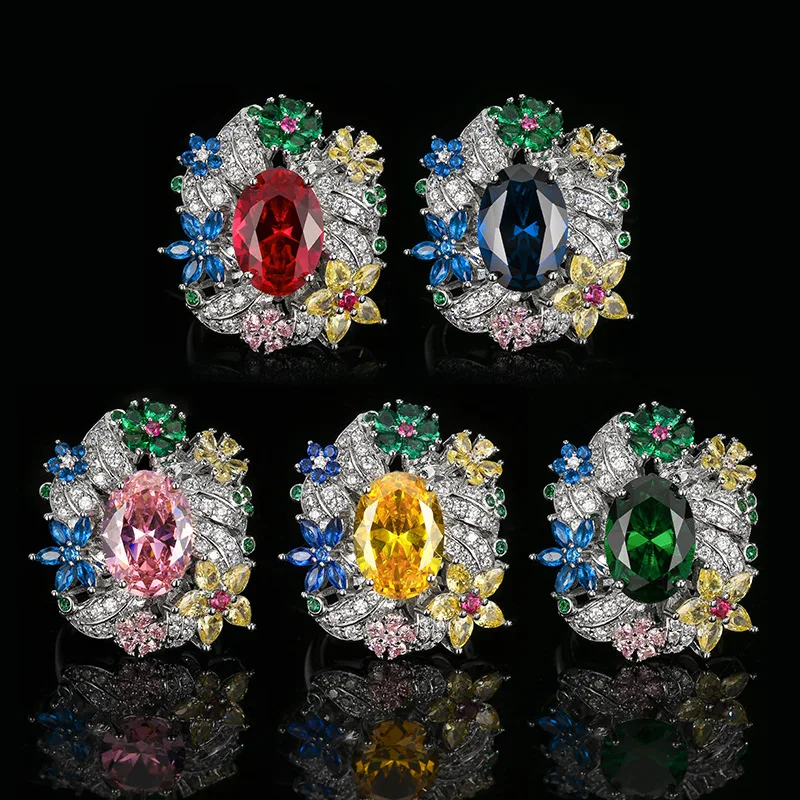 

Luxury 10x14mm Oval Cut Multicolor Flower Gemstone Ring for Women Adjustable Cocktail Party Statement Jewelry with Zirconia