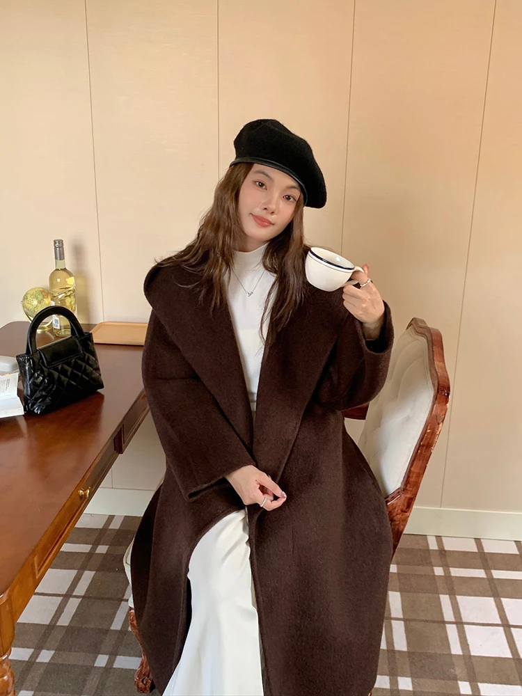 Bathrobe Style Lady Woolen Jackets 2024 Autumn And Winter Lazy All-Match Hooded Loose Lace-Up Tie Women's Long Wool Coats